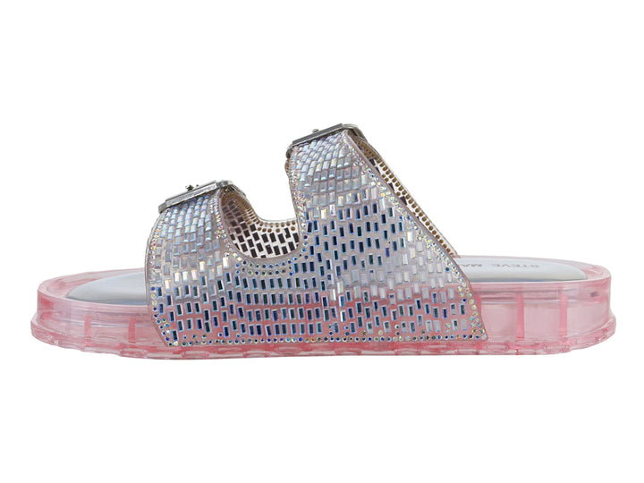 Sandalia Steve Madden JLolli con correas decoradas en brillantes y suela gruesa transparente en tono rosa.