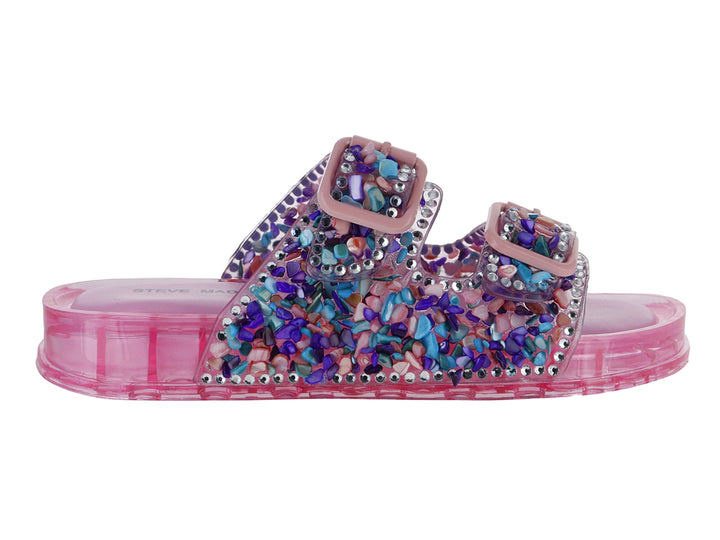 Sandalias Steve Madden JLolli en color rosa multicolor con correas decoradas con cristales y hebillas.