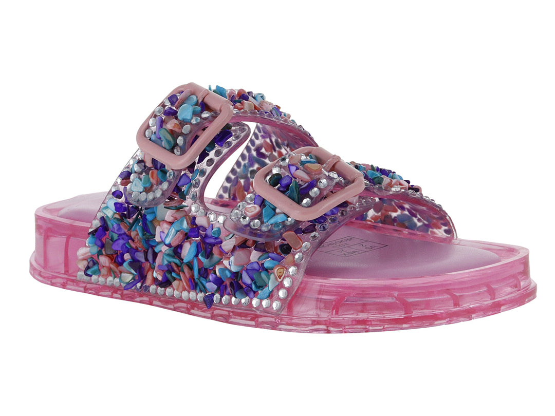 Sandalias Steve Madden JLolli en color rosa multicolor con correas decoradas con cristales y hebillas.