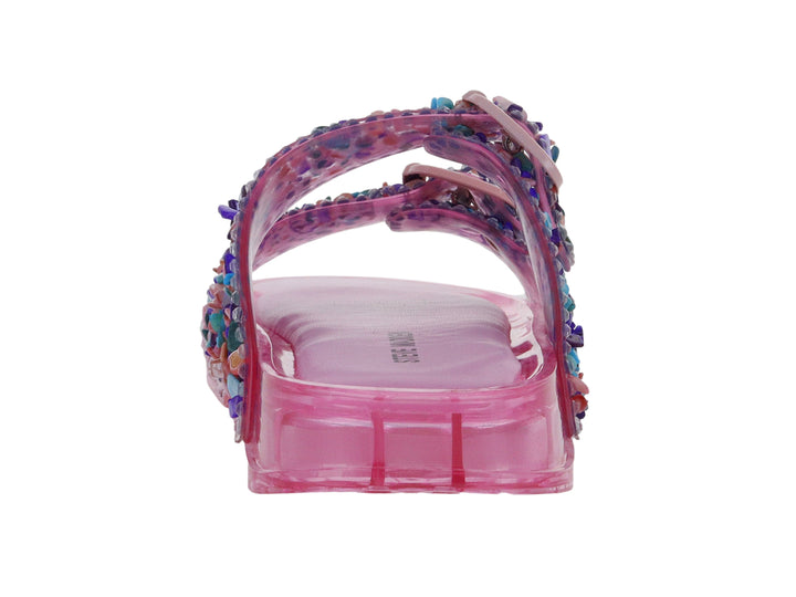 Sandalias Steve Madden JLolli en color rosa multicolor con correas decoradas con cristales y hebillas.