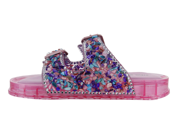Sandalias Steve Madden JLolli en color rosa multicolor con correas decoradas con cristales y hebillas.