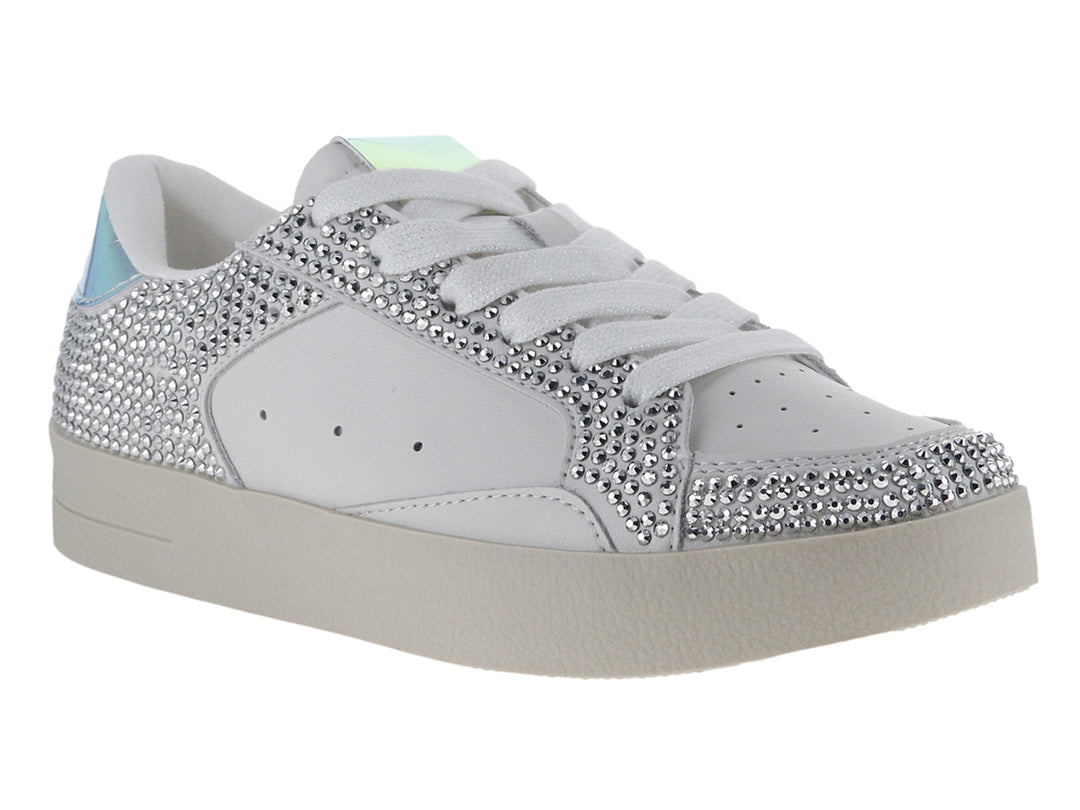 Tenis blancos para niña de Steve Madden con detalles de cristales brillantes y talón iridiscente.