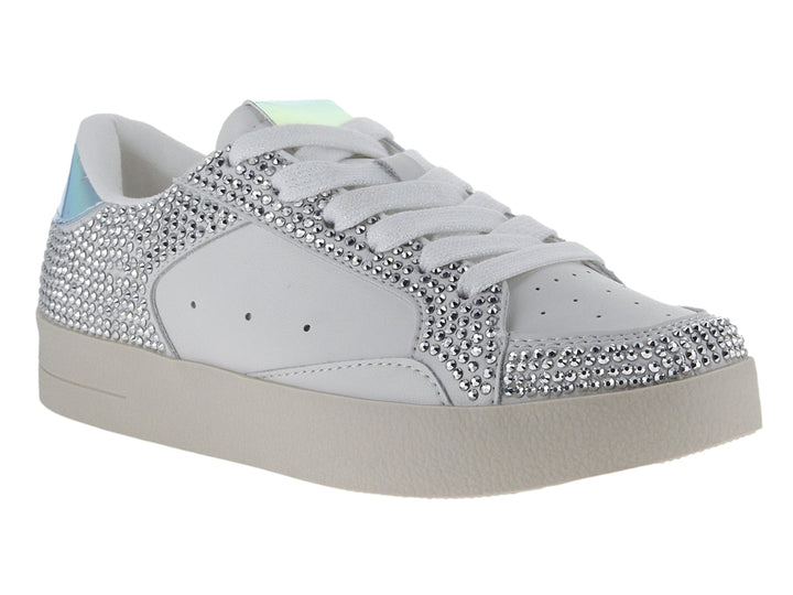 Tenis blancos para niña de Steve Madden con detalles de cristales brillantes y talón iridiscente.