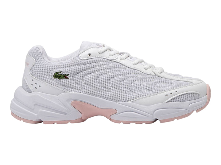 Tenis deportivos Lacoste color blanco con detalles en rosa en la suela y logotipo en el lateral.