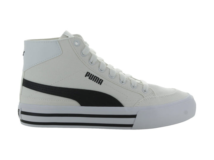 Tenis PUMA Court Classic Vulc Mid en color blanco con detalles y franja lateral en negro, corte medio.