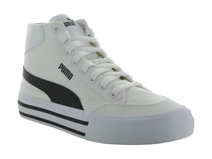Tenis PUMA Court Classic Vulc Mid en color blanco con detalles y franja lateral en negro, corte medio.