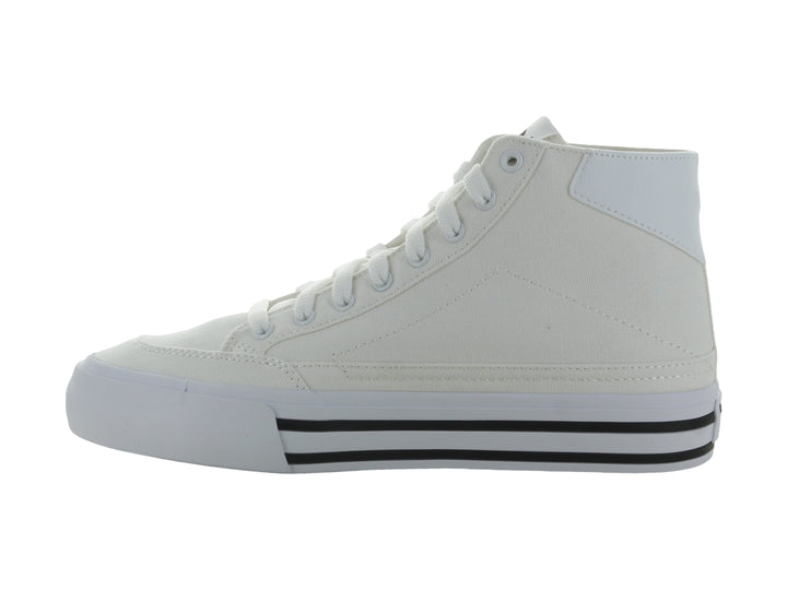 Tenis PUMA Court Classic Vulc Mid en color blanco con detalles y franja lateral en negro, corte medio.