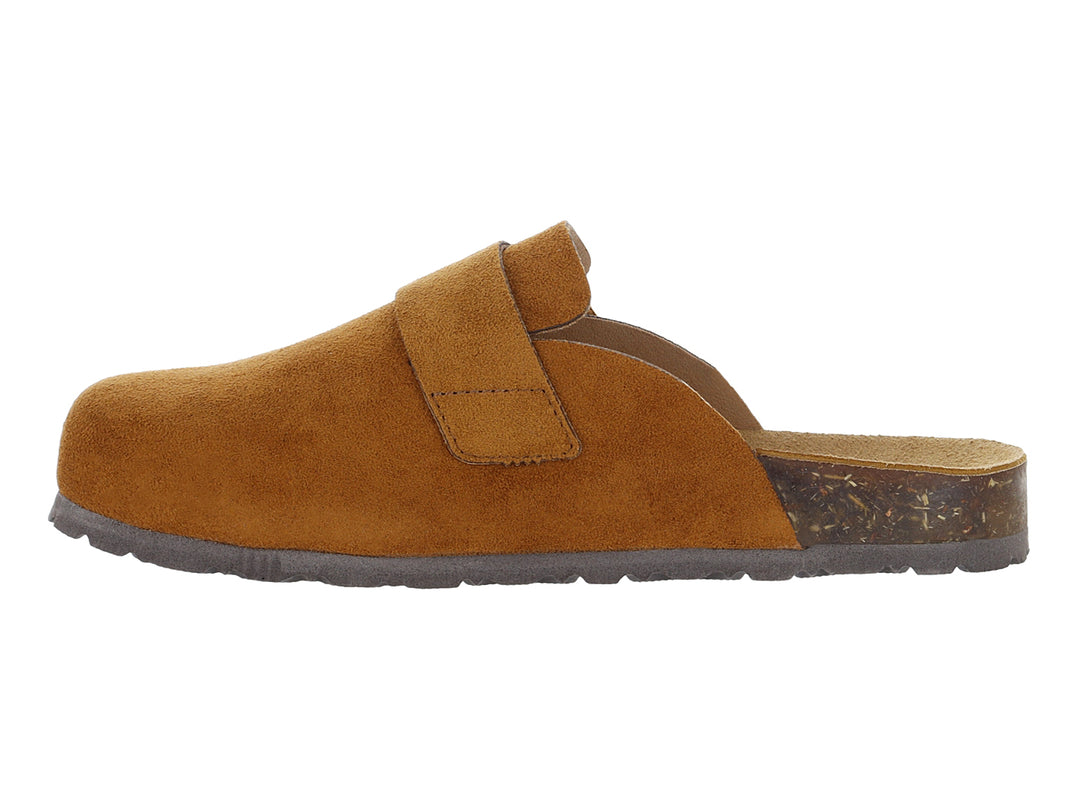 Zueco marrón de textil con hebilla dorada y suela de corcho.