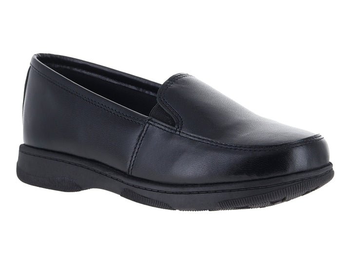 Zapato plano de confort color negro, estilo slip-on con suela cómoda.