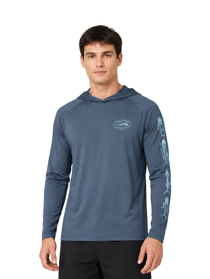 Hombre vistiendo playera Hurley color grey teal de manga larga con capucha y gráficos en la manga
