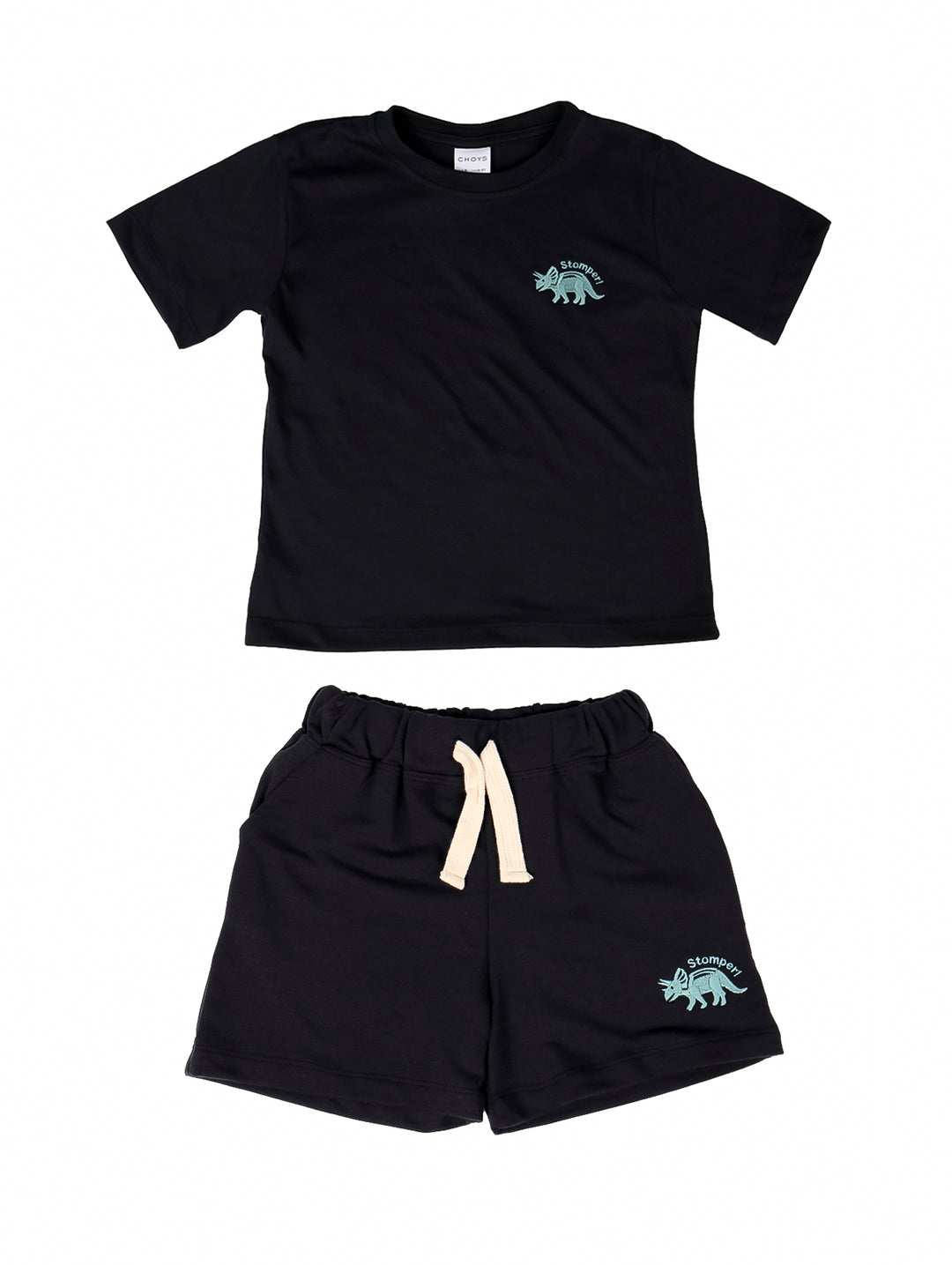 Conjunto de ropa para niño color negro compuesto por una camiseta y un short con estampado de dinosaurio.