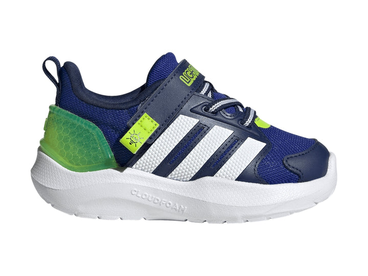 Tenis Adidas Lightorama en color azul con tres franjas blancas y detalles en verde neón sobre suela blanca.