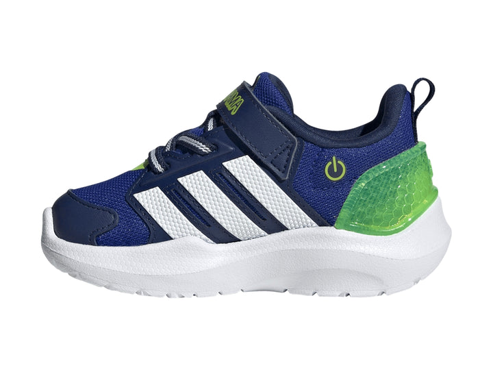 Tenis Adidas Lightorama en color azul con tres franjas blancas y detalles en verde neón sobre suela blanca.