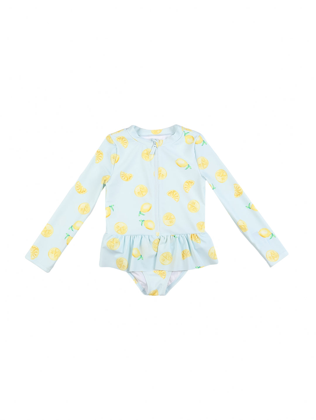 Traje de baño completo para niña color cielo con estampado de limones amarillos y manga larga.