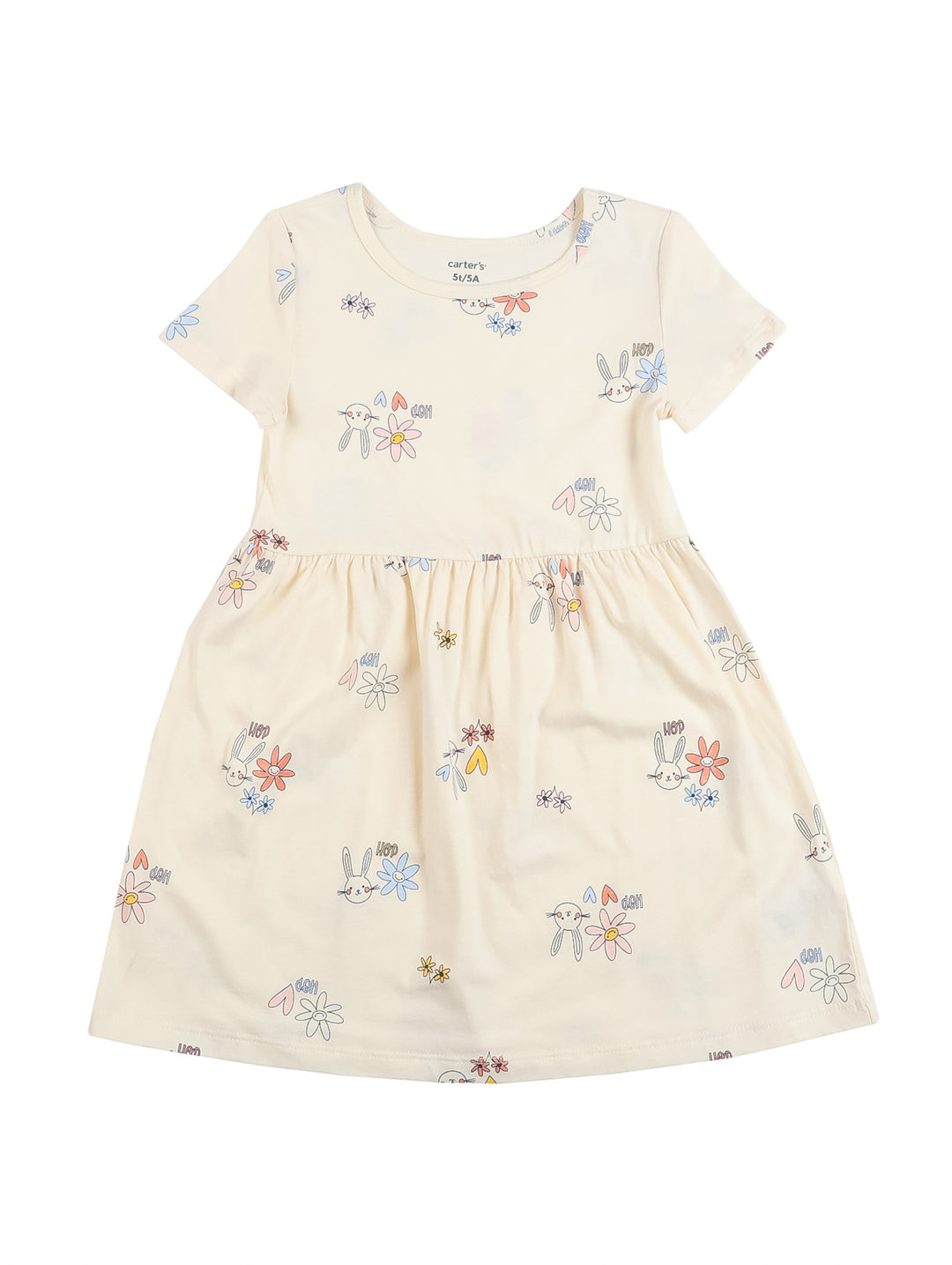 Vestido color ivory para niña con estampado de conejos y flores en tonos pastel.