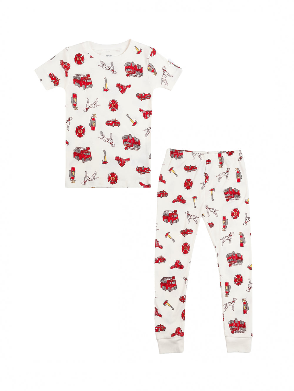 Conjunto de pijama rojo para niño con camiseta de camión de bomberos y pantalón a rayas blancas.