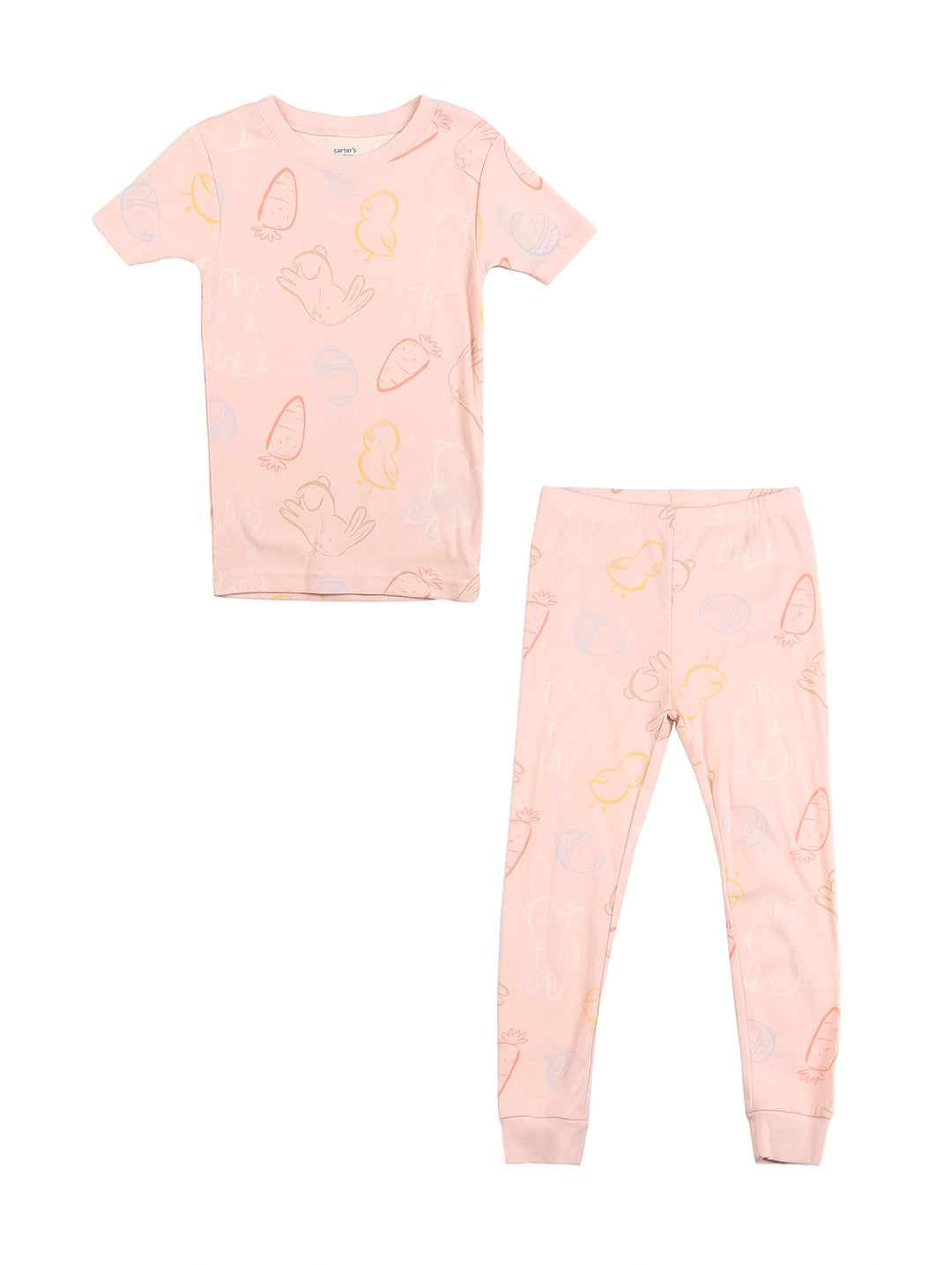 Conjunto de pijama rosa para niña con estampado, compuesto por camiseta de manga corta y pantalón largo.