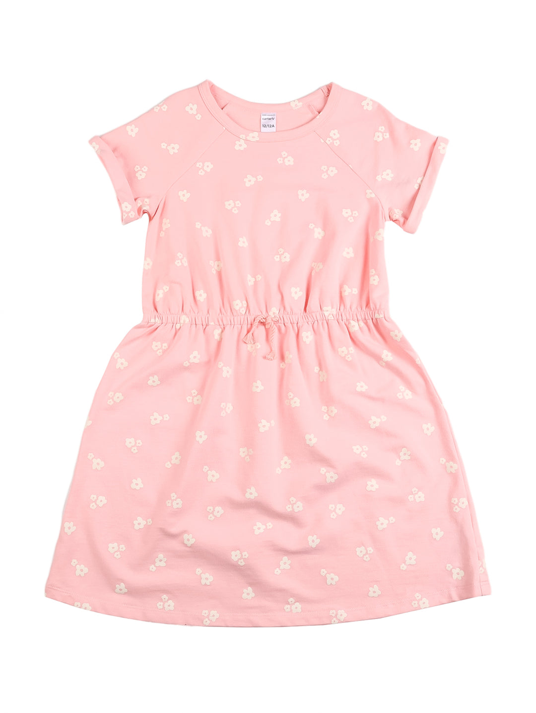Vestido rosa para niña con estampado floral blanco y cintura ajustable.