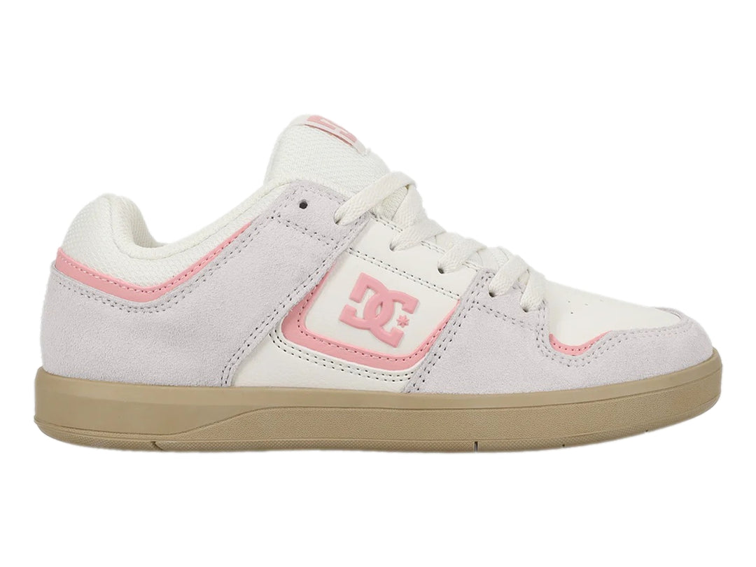 Tenis DC Shoes color blanco y gris con detalles en rosa y suela de goma beige.
