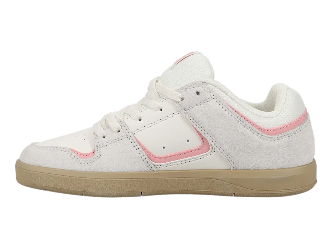 Tenis DC Shoes color blanco y gris con detalles en rosa y suela de goma beige.
