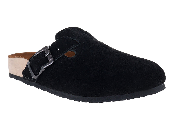 Zapato tipo mule de gamuza negra con hebilla metálica y talón en color beige.