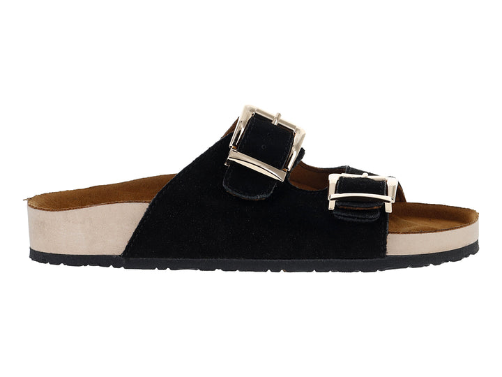 Sandalia de gamuza color negro con dos correas ajustables mediante hebillas doradas y suela en tono beige.