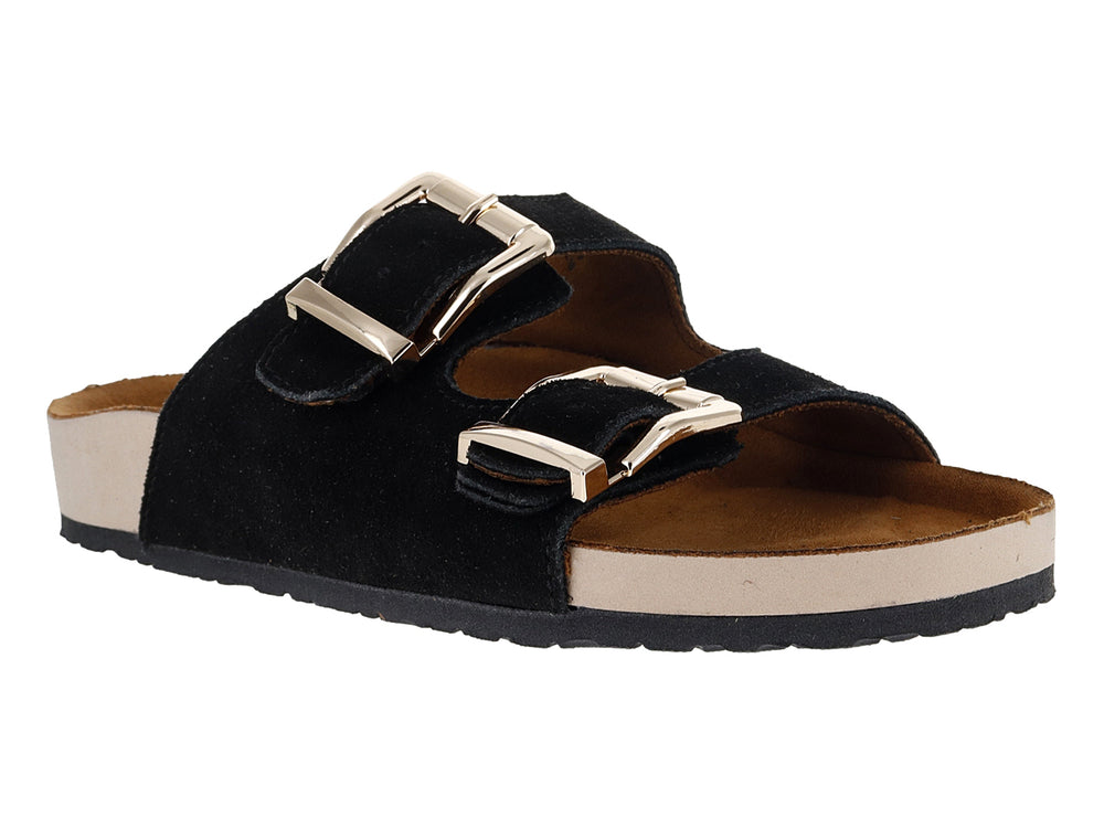 Sandalia de gamuza color negro con dos correas ajustables mediante hebillas doradas y suela en tono beige.
