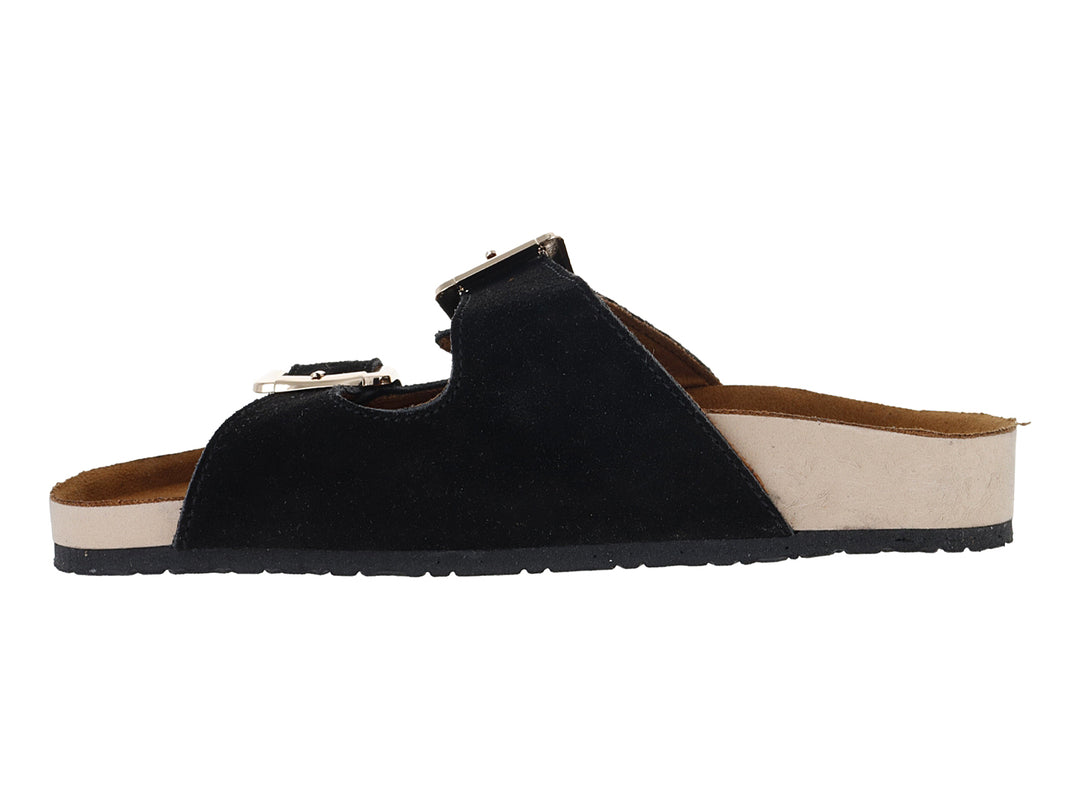 Sandalia de gamuza color negro con dos correas ajustables mediante hebillas doradas y suela en tono beige.