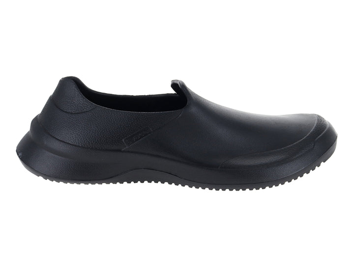 Zueco color negro de la marca EVACOL para mujer, vista lateral sobre fondo blanco.
