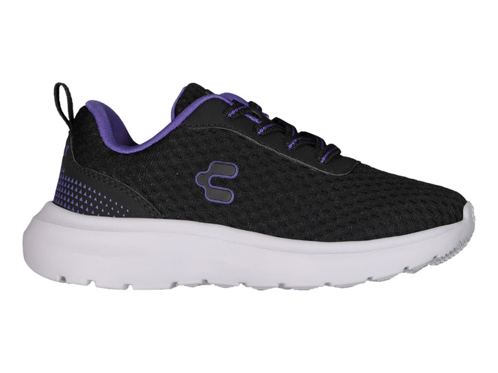 Tenis Charly Road Casual en color negro con detalles en morado y suela blanca.