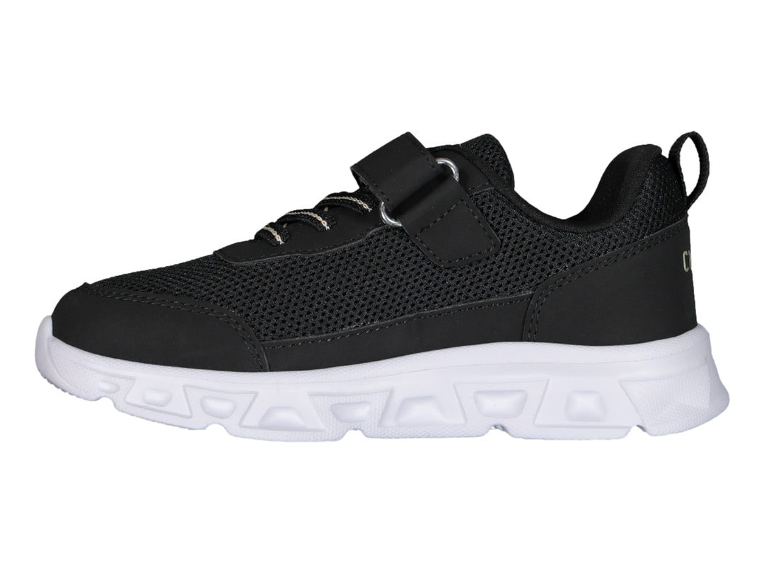 Tenis deportivos Charly color negro con suela blanca y correa de velcro.