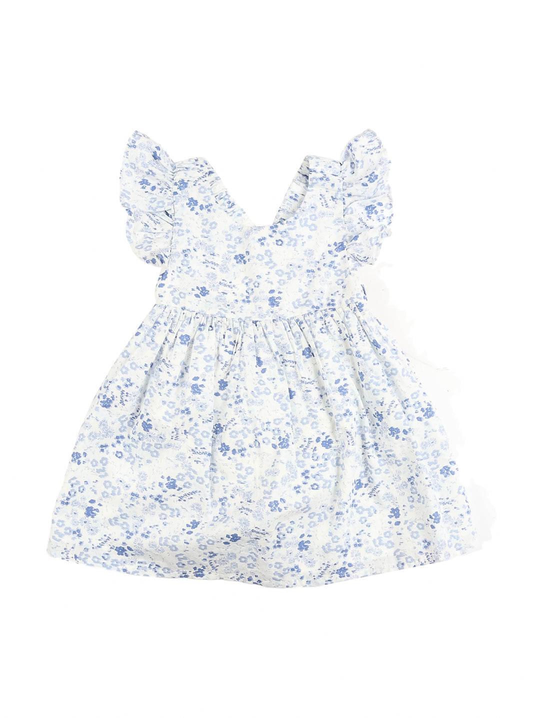 Vestido blanco con estampado de flores azules y volantes en los hombros para niña.