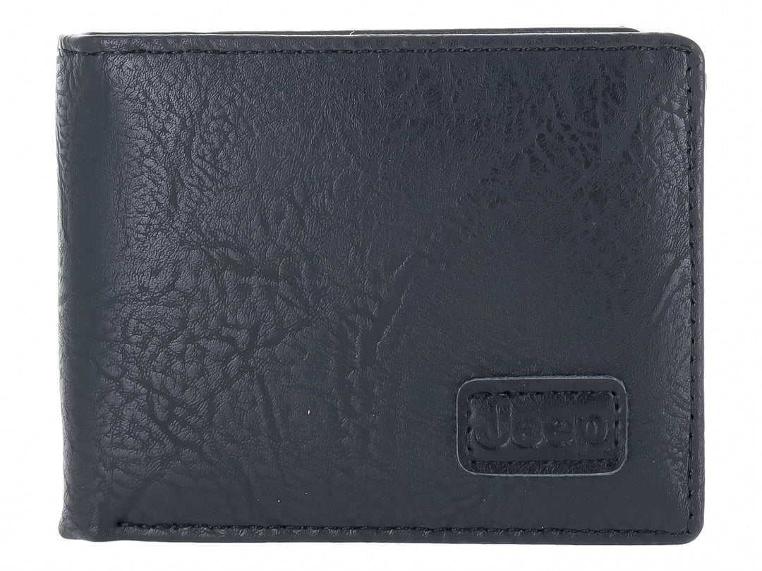 Cartera Jeep de color negro con textura rugosa y logotipo en relieve.