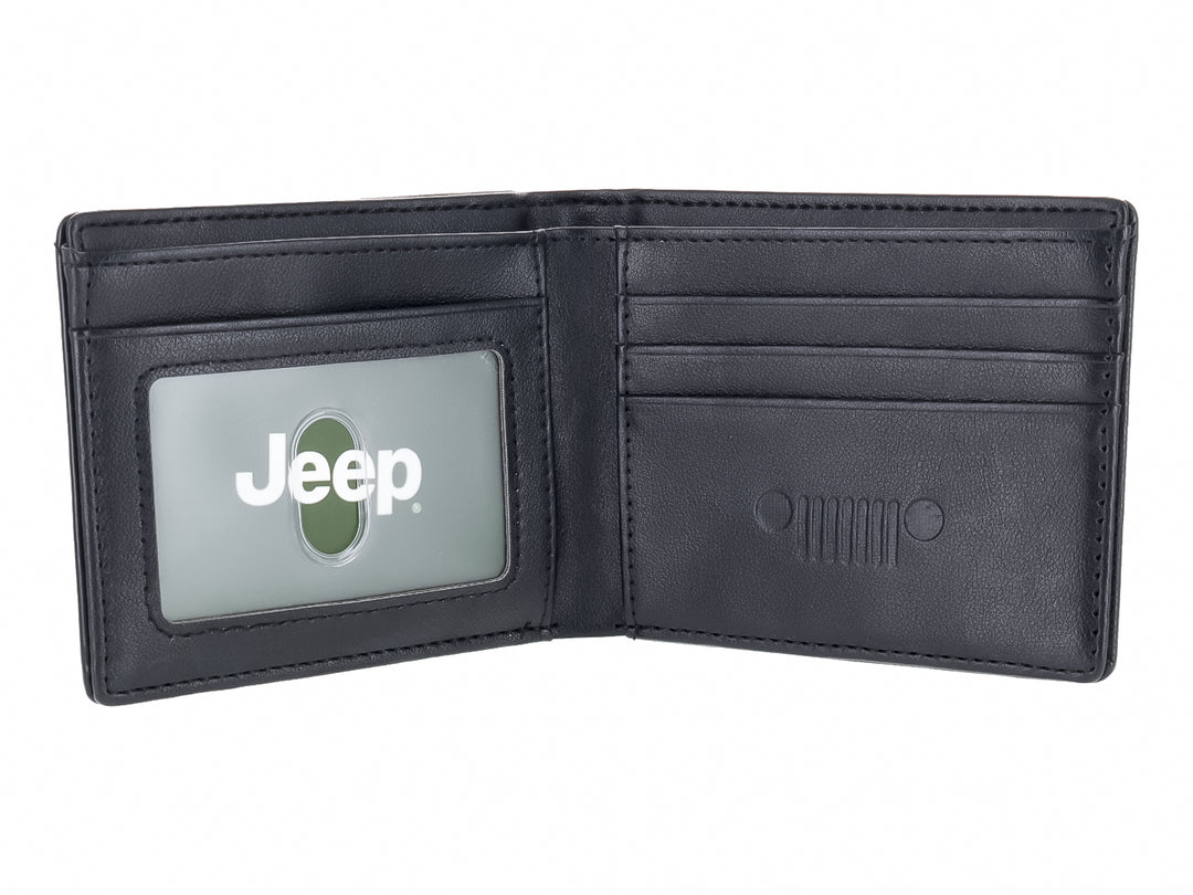 Cartera Jeep de color negro con textura granulada y logotipo en relieve.