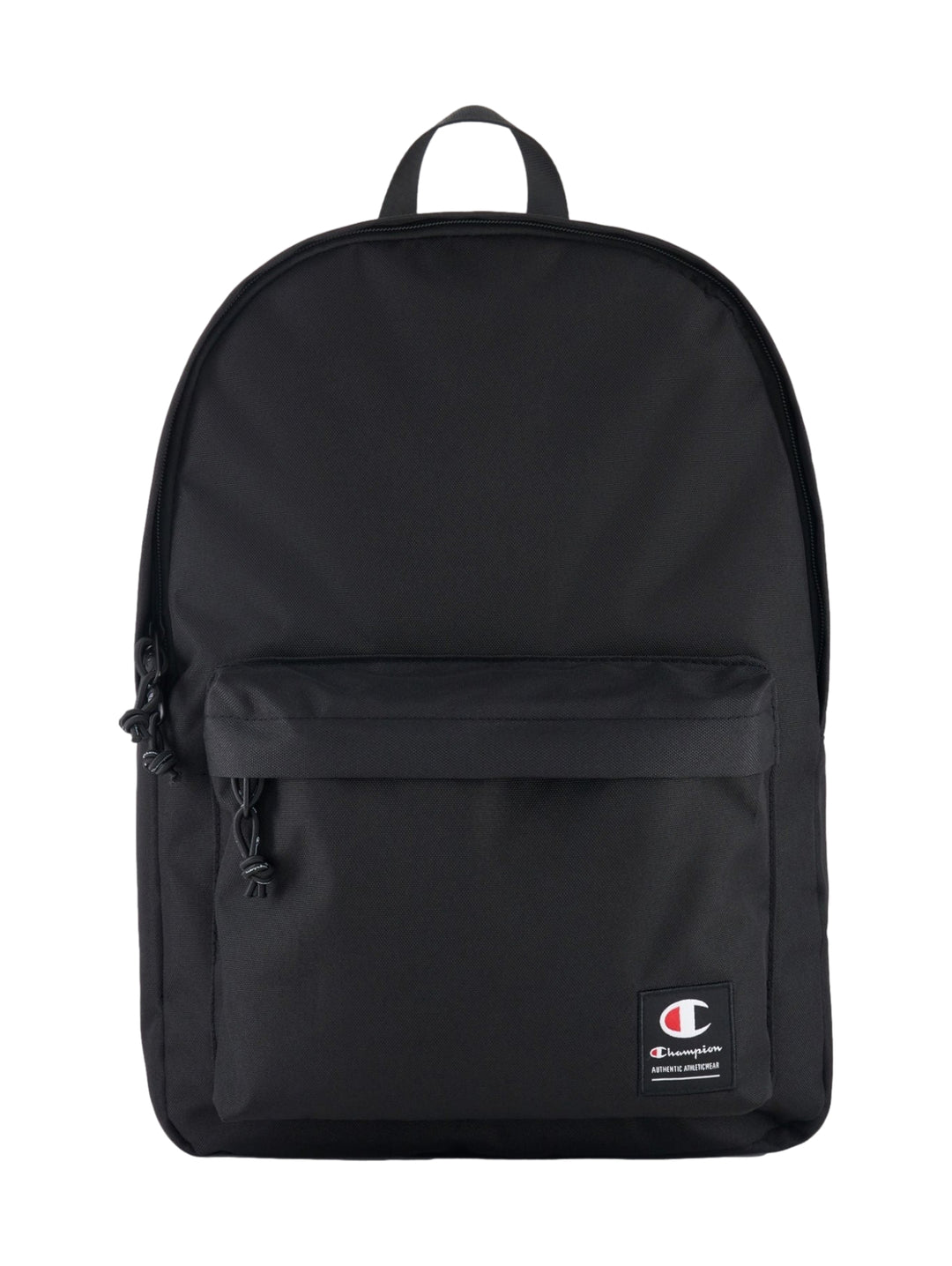 Mochila escolar color negro de la marca Champion con un bolsillo frontal y asa superior.