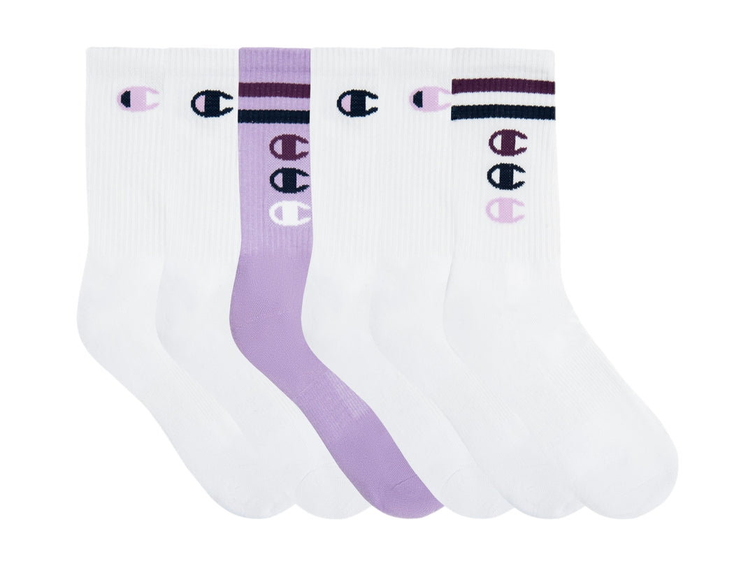 Paquete de 6 pares de calcetines largos Champion en colores blanco y lila con logotipo C.