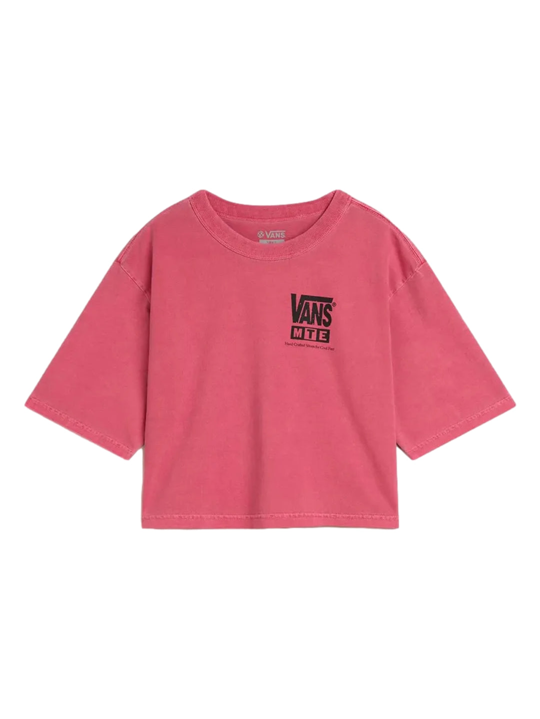 Mujer vistiendo una camiseta boxy de color rosa malva con logotipo de VANS MTE en el pecho.