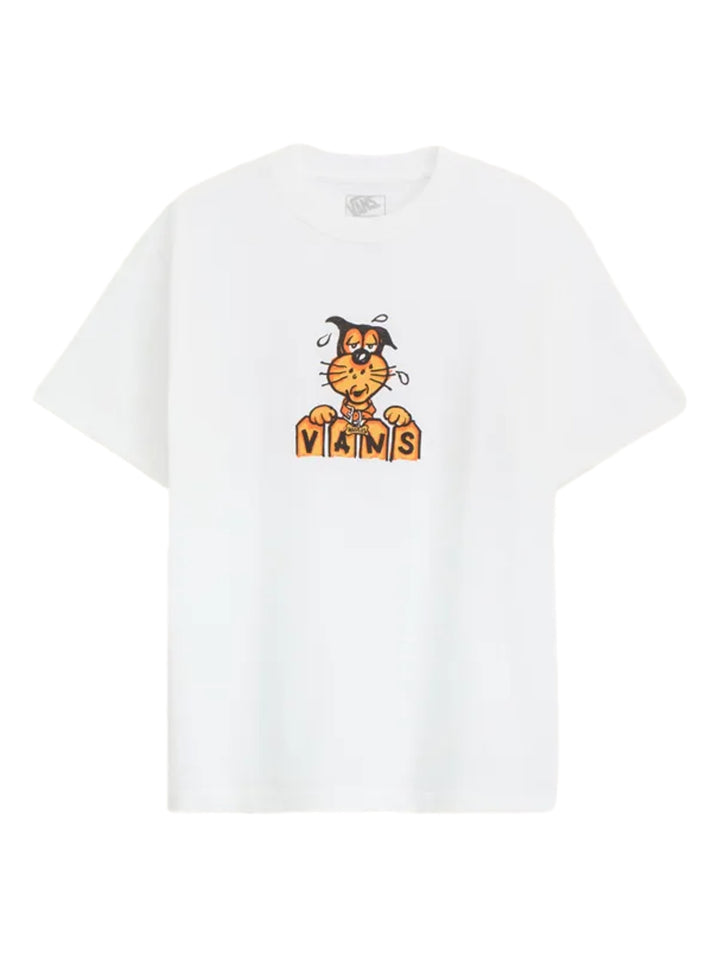 Camiseta blanca de manga corta marca Vans con estampado frontal de un perro naranja sobre el logo de la marca.