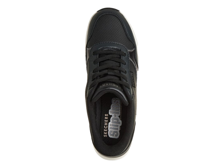 Tenis Skechers color negro con suela blanca y detalle metálico lateral