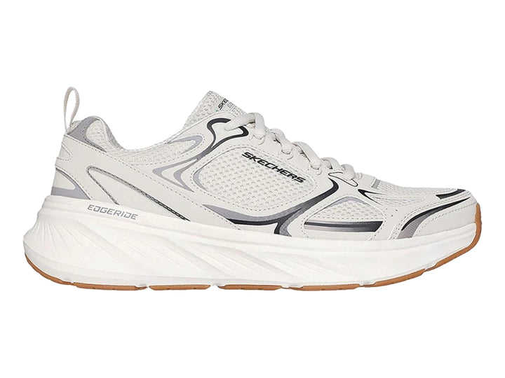 Tenis deportivos Skechers color blanco con detalles en gris y suela color café.