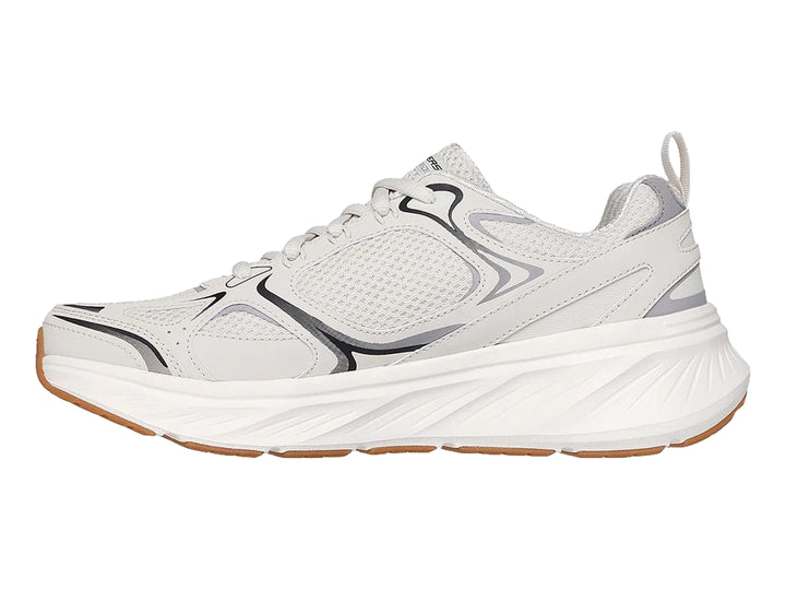 Tenis deportivos Skechers color blanco con detalles en gris y suela color café.