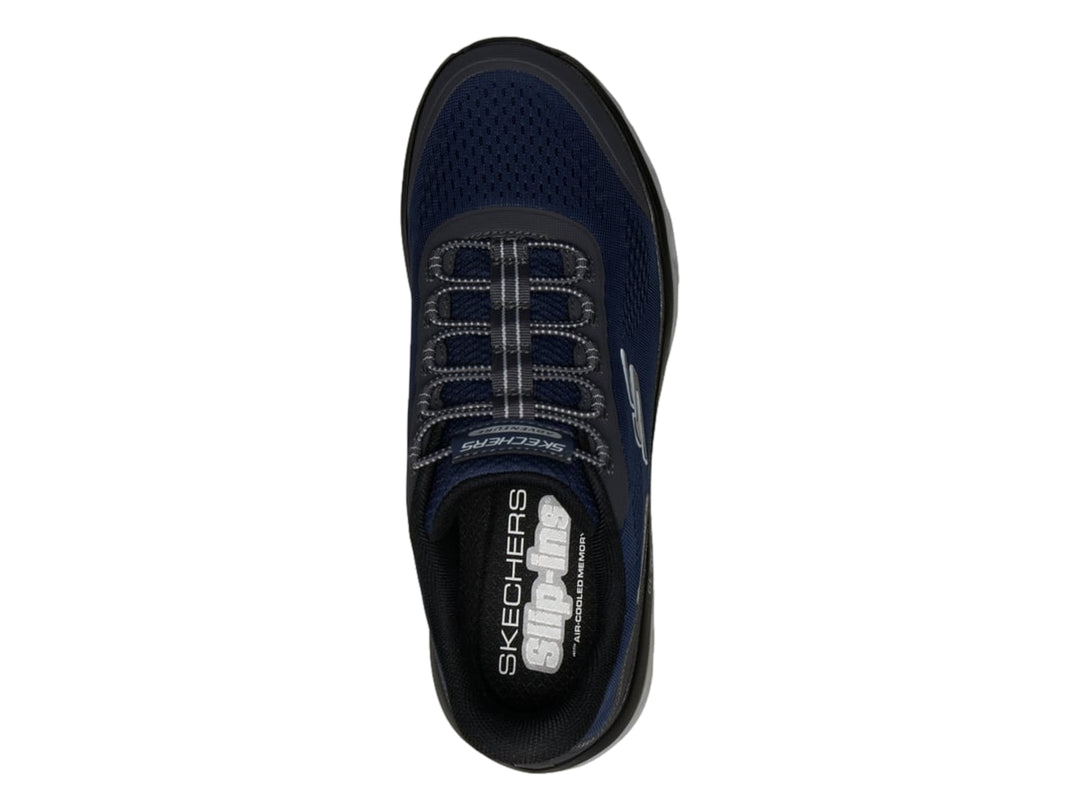Tenis Skechers color azul marino con detalles en gris y suela blanca Glide-Step para hombre.