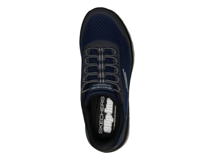 Tenis Skechers color azul marino con detalles en gris y suela blanca Glide-Step para hombre.