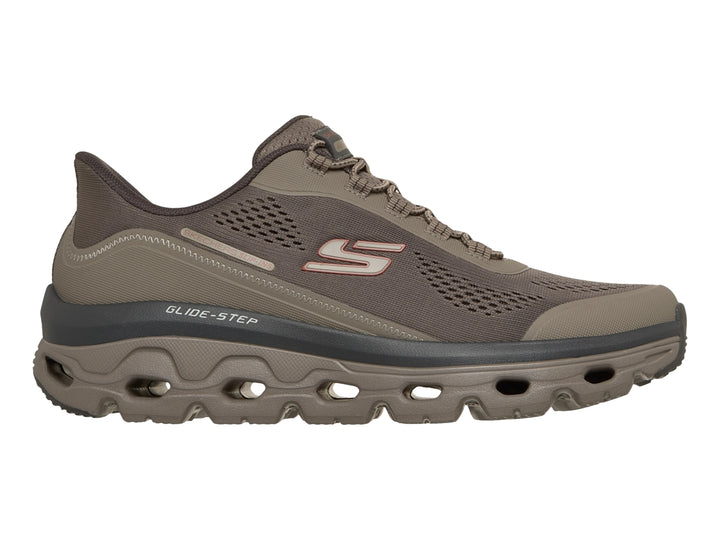 Tenis deportivos Skechers color gris con suela Glide-Step y malla transpirable.