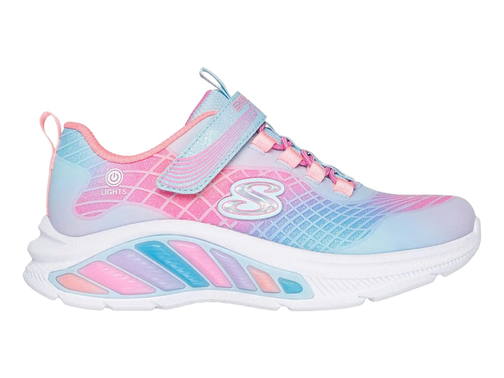 Tenis deportivos Skechers para niña con colores degradados rosa, azul y morado y suela blanca.