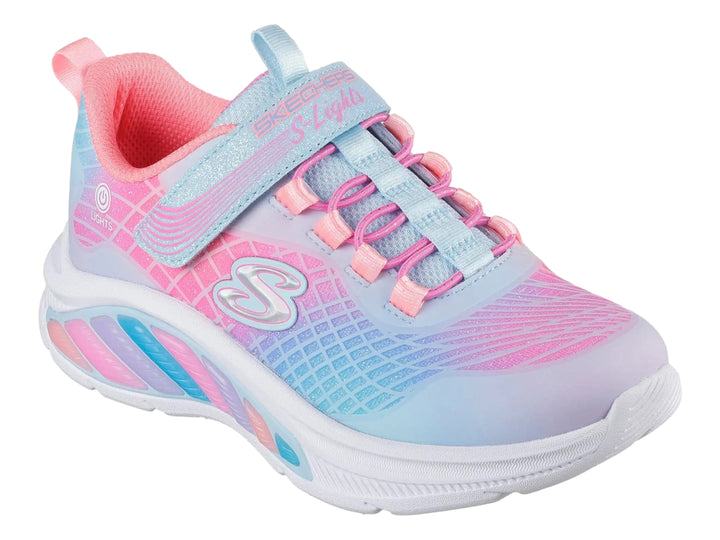 Tenis deportivos Skechers para niña con colores degradados rosa, azul y morado y suela blanca.