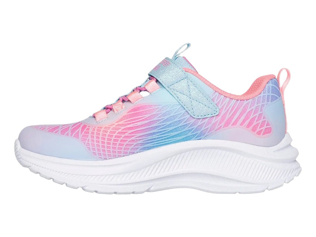 Tenis deportivos Skechers para niña con colores degradados rosa, azul y morado y suela blanca.