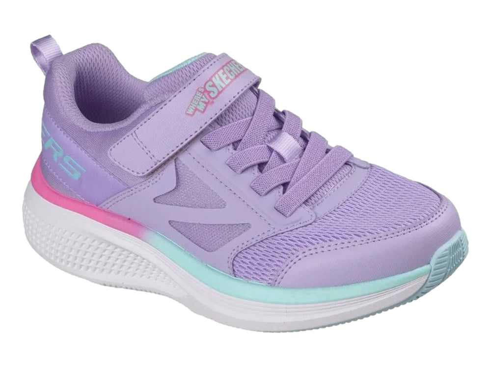 Tenis deportivos Skechers color morado con suela blanca y detalles en rosa y azul.