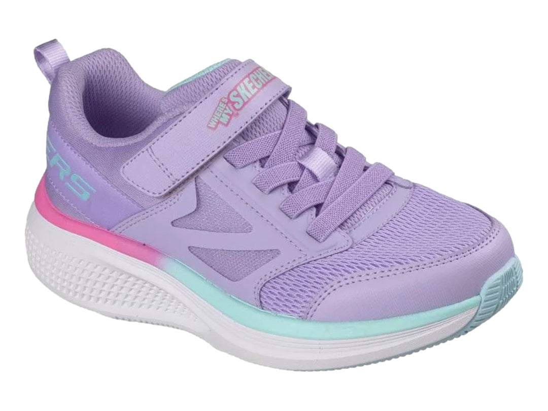 Tenis deportivos Skechers color morado con suela blanca y detalles en rosa y azul.