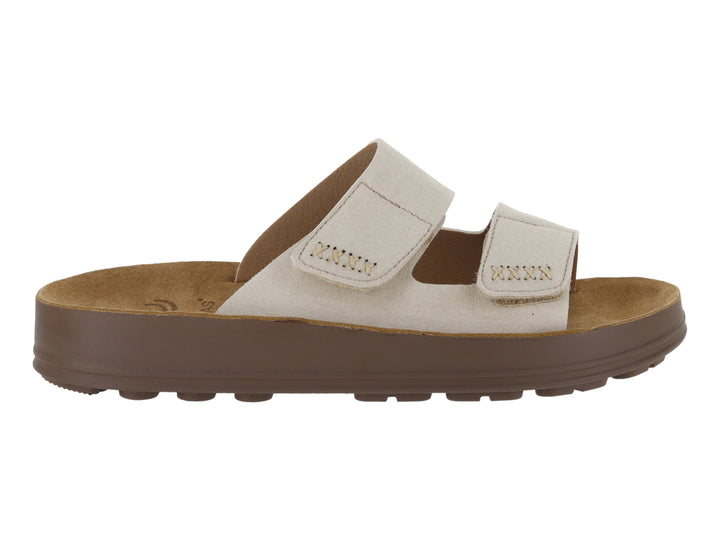 Sandalias Nomadas color beige con suela marrón y dos correas ajustables.